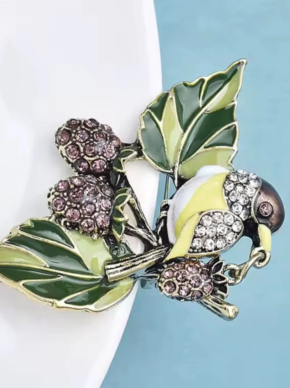Green Bird Berry Crystal Brooch